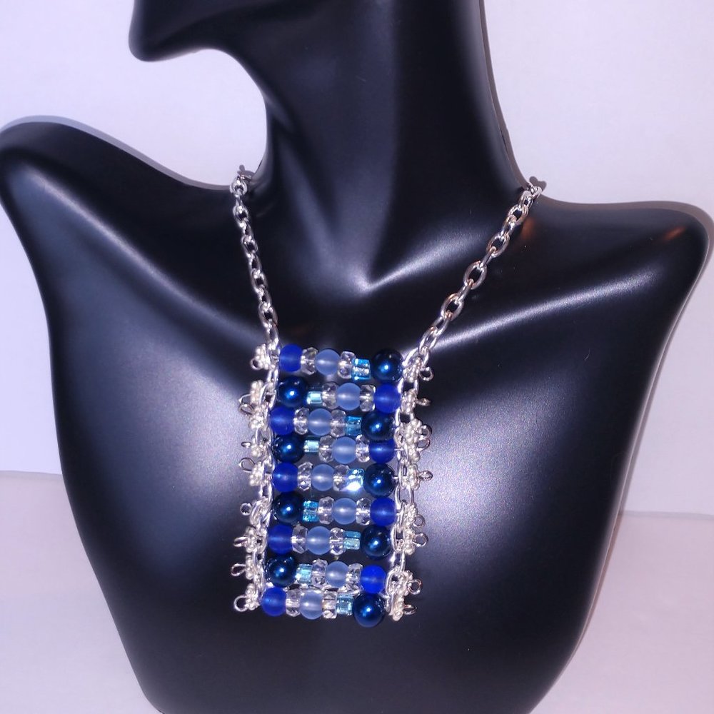 Handmade Blue Beaded Statement Necklace With Silver Tone Chains